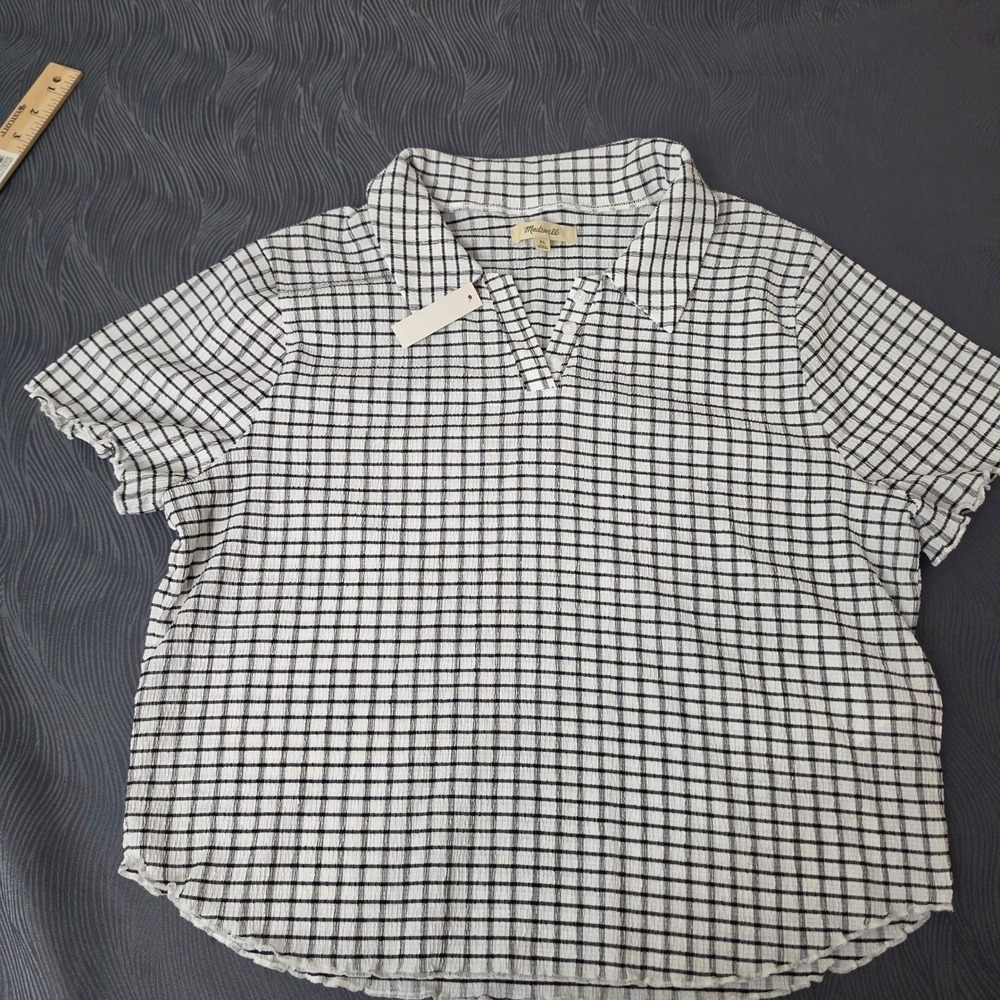 Madewell Button Down Shirt Youth XL White Black Grid Seersucker NL361